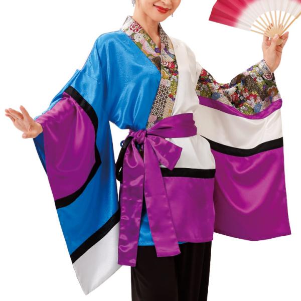 即納★   よさこい 衣装 はっぴ 半天 和柄 配色半天 白系 共地帯付き 和装 お祭り TSS18...