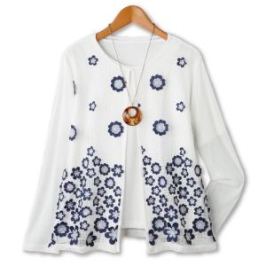 在庫限りセール レディース アンサンブル 花モチーフ 長袖 カーディガン 半袖 Tシャツ プルオーバー 白 KN-217-91069 春夏物 トップス
