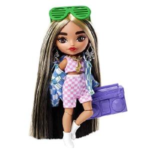 Barbie Extra Minis Doll #2 (5.5 in) Wearing Checkered 2-Piece Fashion ＆ Jacket, with Doll Stand ＆ Accessories Including Shutter Sunglasses and Boomb