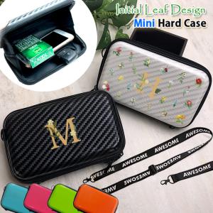 イニシャルリーフ フラット ミニハードケース ストラップ ショルダー付き（全6色）マスク 通帳 化粧品 収納 小物入れ カーボン プレゼント