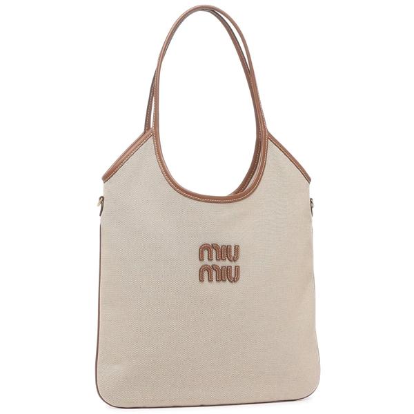 ミュウミュウ トートバッグ アイヴィー キャンバス レザー バッグ ベージュ ブラウン レディース ...