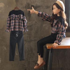 子供服 セットアップ 女の子 長袖 春秋 秋着 上下セット 韓国子供服 キッズ ジュニア ブラウス シャツ 丸首 チェック柄 長ズボン 可愛い おしゃれ 通学着 新品