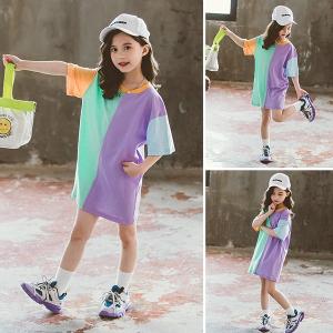 子供服 ワンピース 春夏 女の子 キッズワンピース 半袖 トップス ロングTシャツ 膝丈スカート 子供ドレス ジュニア おしゃれ カジュアル 可愛い 新品 150 160cm