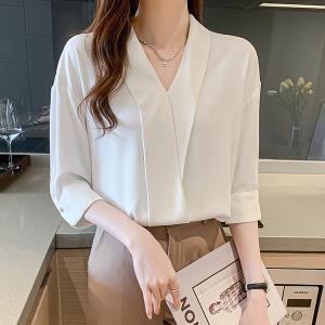 ブラウス レディース 白 オフィス 夏服 おしゃれ 五分袖 40代 代 仕事 トップス シャツ シフォン Vネック 無地 きれいめ 着痩せ 韓国風 大人 上品 通勤 新品 Y アユストア 通販 Yahoo ショッピング