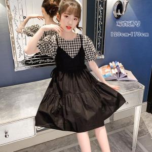 子供服 夏 ワンピース ブラック 半袖 アンサンブル チェック柄 キッズ 女の子 ワンピー 可愛い デイリー 膝丈 綿 子供 学生 夏ワンピ 体型カバー 人気 1 170 Y アユストア 通販 Yahoo ショッピング