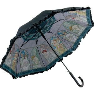 傘 名画フリルジャンプ傘〜晴雨兼用〜（ミュシャ「時の流れ」） 日傘 雨傘 おしゃれ レディース 長傘 レイングッズ 雨の日 おでかけ 58cm 大きめ 雨｜ayuwara