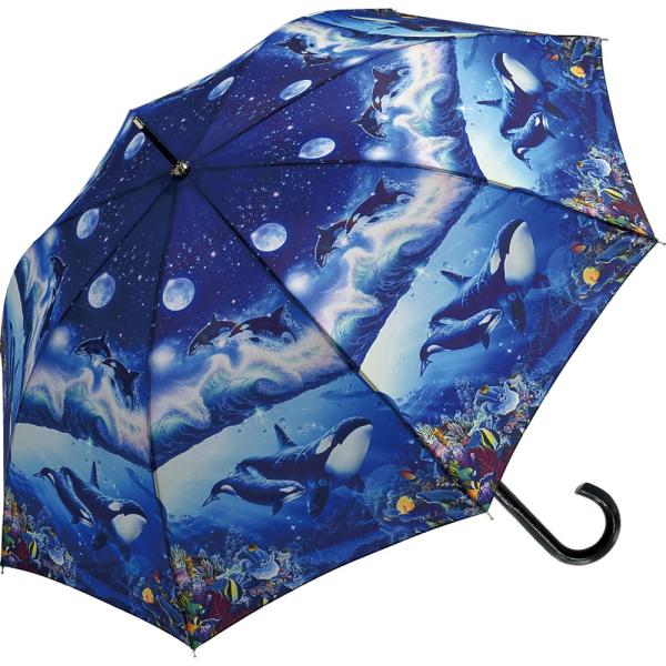 傘 クリスチャン・リース・ラッセン ジャンプ傘「ブルーワールド2」 雨傘 幻想的 シャチ おしゃれ ...