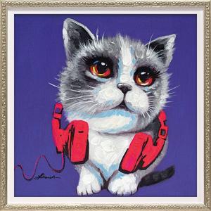 絵画 オイル ペイント アート パープル レッドフォン（Sサイズ） インテリア 壁掛け 手描き 油絵 おしゃれ 絵 かわいい 猫 カラフル リビング に 飾る ギフト｜ayuwara