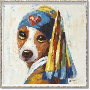 絵画 オイル ペイント アート「青いターバンの犬（Mサイズ）」 アートフレーム 巣ごもり 油絵 インテリア プレゼント 壁掛け 手描き ギフト 額入り｜ayuwara
