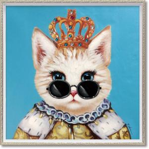 絵画 オイル ペイント アート「ブルー キング（Mサイズ）」 壁掛け 手描き 油絵 カラフル 猫 インテリア おしゃれ 部屋に飾る絵 かわいい ギフト プレゼント｜ayuwara