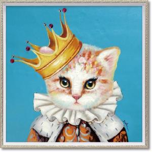 絵画 オイル ペイント アート「ブルー クイーン（Mサイズ）」 壁掛け 手描き 油絵 カラフル 猫 インテリア おしゃれ 部屋に飾る絵 かわいい ギフト プレゼント｜ayuwara