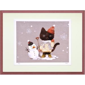 絵画 壁掛け 雪だるまと猫(菜生) インテリア 壁掛け 額入り 油絵 ポスター アート おしゃれ｜ayuwara