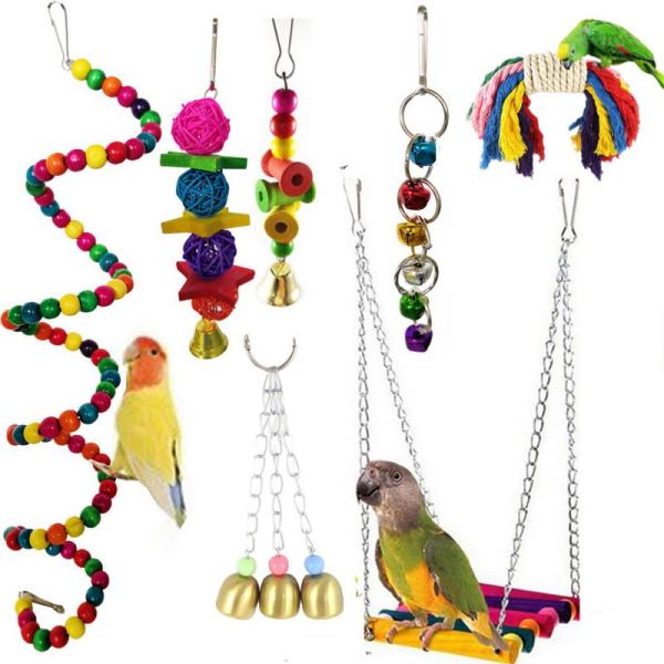 インコ おもちゃ 7点セット 鳥のおもちゃ ブランコ ロープ 鈴 止まり木 吊り下げタイプ 噛む玩具...