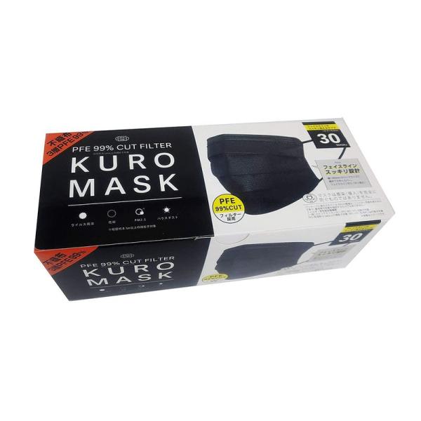 富士 KUROマスク（30枚入×5個） 不織布3層PFEマスク 黒マスク フェイスラインスッキリ (...