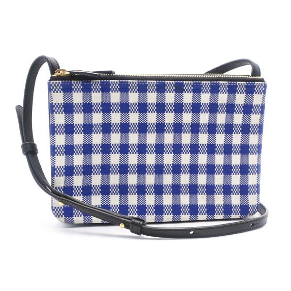 セリーヌ トリオスモール レザー キャンバス ネイビー ホワイト ブラック ギンガムチェック柄 ショ...