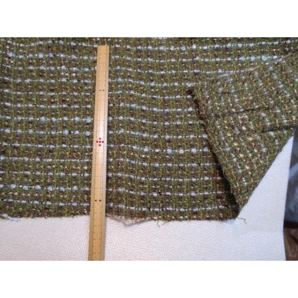 ファンシーツイード　ウール混　アップルグリーン×茶　ゴールドラメ　ジャケット　スカート