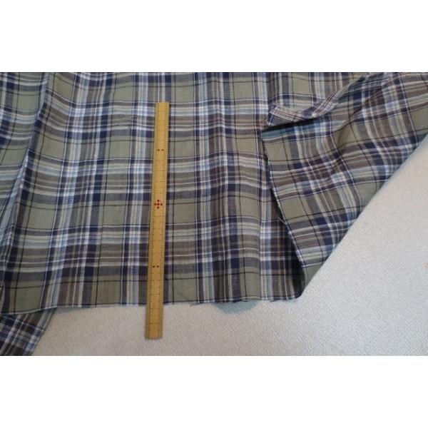 リネン　先染めモスグリーン×紺×ホワイト　薄地　ブラウス　チュニック