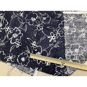 リネン100％　日本製　花柄　綾織り　ネイビー　ワンピース　ブラウス　幅112cm　10cm単位販売