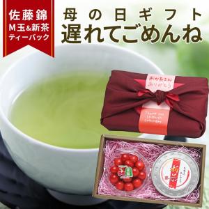 母の日 遅れてごめんね ギフト さくらんぼ 佐藤錦 Ｍ玉 ＆ 新茶ティーパック ギフトセット カーネーション(造花) メッセージカード付 ゆたかみどり 贈り物｜azimiya