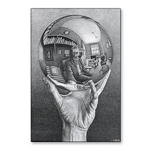 新品【蔵出し】大型 エッシャー 写像球体を持つ手　複製画　レプリカ 写像球体を持つ手（MC エッシャー） 額装品 ウッドベーシックフレーム