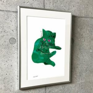 特別額装マット作品/アートポスター/ウォーホル/Untitled (Green Cat) c. 1956（アンディ ウォーホル） 額装品 アルミ製ベーシックフレーム｜aziz