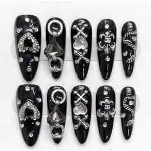 ネイルチップ 黒 手作りネイルチップネイルチップ ネイルシールかわいいピンクつけ爪入学式 卒業式 韓国 成人式 結婚式ネイルチップ3Dラインストーンキ