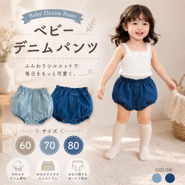 おむつカバー パンツ デニム ベビーパンツ シンプル カジュアル かわいい デニム生地 赤ちゃん キ...