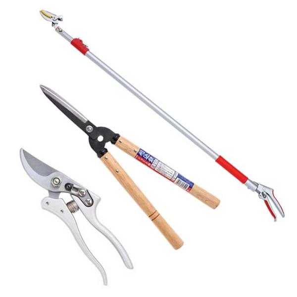 高枝切りバサミ園芸3点セット 3段伸縮式高枝切鋏＆ショート刈込鋏＆剪定鋏大 高枝切りバサミ 軽量 伸...