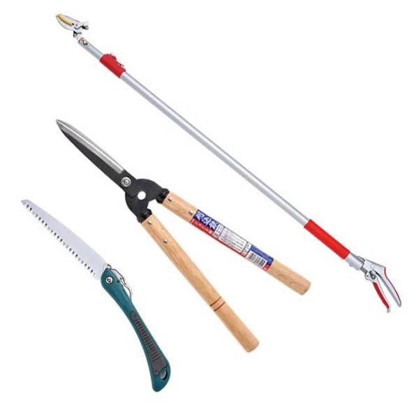 高枝切りバサミ園芸3点セット3段伸縮式高枝切鋏＆ショート刈込鋏&amp;折込剪定のこぎり高枝切りバサミ 軽量...