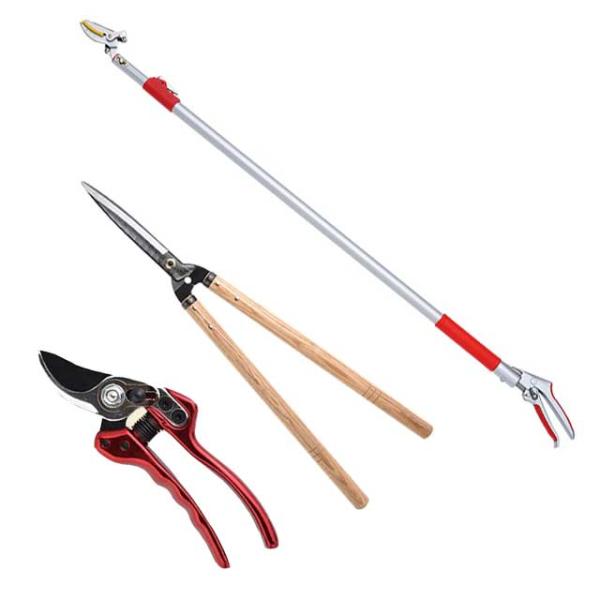 高枝切りバサミ園芸3点セット3段伸縮式高枝切鋏＆長刃刈込鋏＆剪定鋏小  高枝切りバサミ 軽量 伸縮 ...