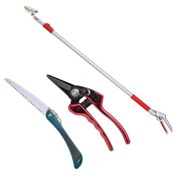 高枝切りバサミ園芸3点セット 3段伸縮式高枝切鋏＆芽切り鋏小&amp;折込剪定のこぎり  高枝切りバサミ 軽...