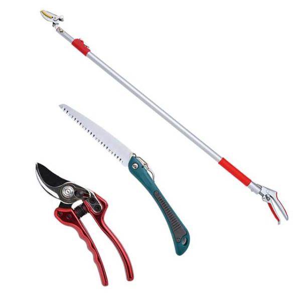 高枝切りバサミ園芸3点セット 3段伸縮式高枝切鋏＆折込剪定のこぎり＆剪定鋏小  高枝切りバサミ 軽量...