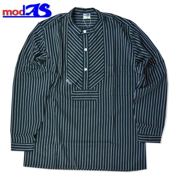 modAS[モダス] フィッシャーマンシャツ バンドカラー ストライプ プルオーバー ワイドストライ...