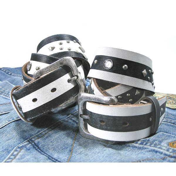 本革ヴィンテージ加工！合計80個のスタッズ＆ストーン使用！ストライプボーダー☆本革スタッズベルト