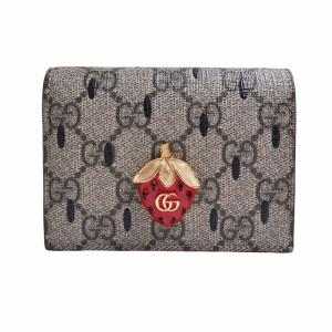 Gucci グッチ GGスプリーム ダブルG ストロベリー カードケースウォレット 二つ折り コンパクト財布 726247 ベージュ レディース by｜b-rakuichi