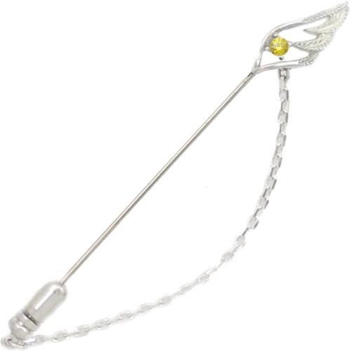 イエロージルコニア スモール オープン フェザー チェーン  シルバー ラペルピン 誕生石