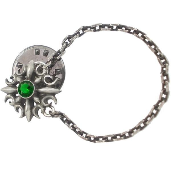 (5月)エメラルドグラス ゴシック クロス チェーン シルバー ピンバッジ  ピンズ