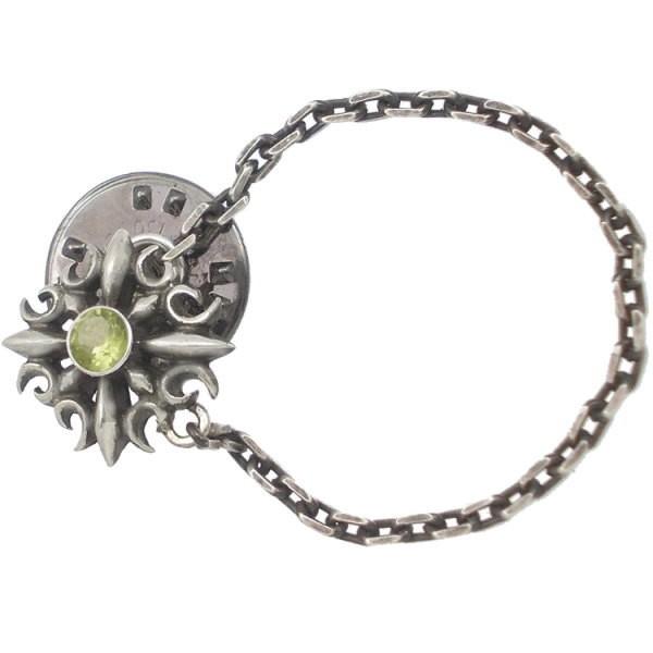 (8月)ペリドット ゴシック クロス チェーン シルバー ピンバッジ  ピンズ