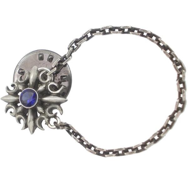 (9月)サファイア ゴシック クロス チェーン シルバー ピンバッジ  ピンズ