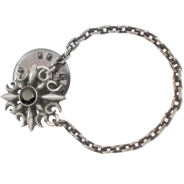 ブラックジルコニア ゴシック クロス チェーン シルバー ピンバッジ  ピンズ