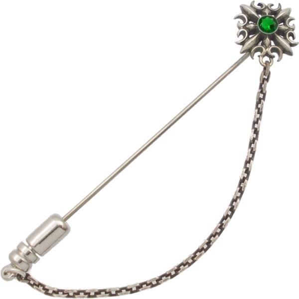 (5月)エメラルドグラス ゴシック クロス チェーン シルバー ラペルピン  誕生石