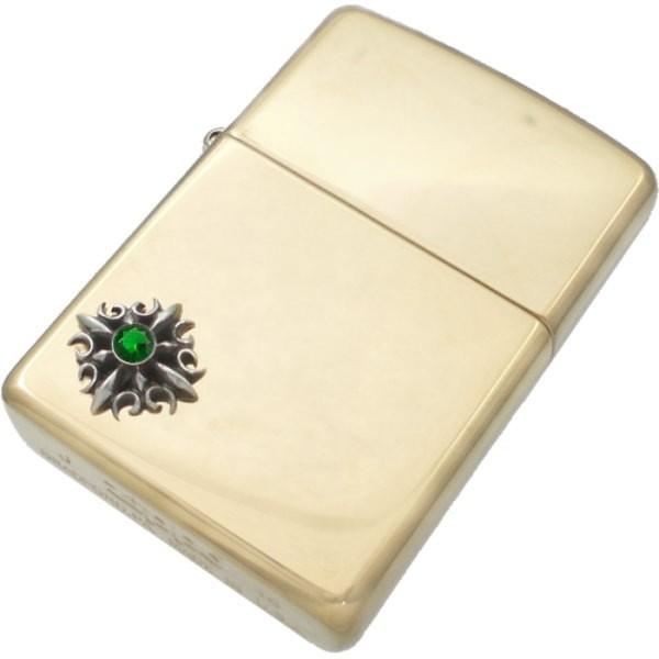 (5月)エメラルドグラス ゴシック クロス ブラスジッポ 誕生石 父の日 ギフト