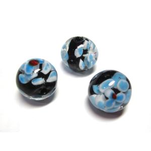 ◇高級トンボ玉◇ラウンド 約16mm 1粒 花模様 青黒 06-1371 : B
