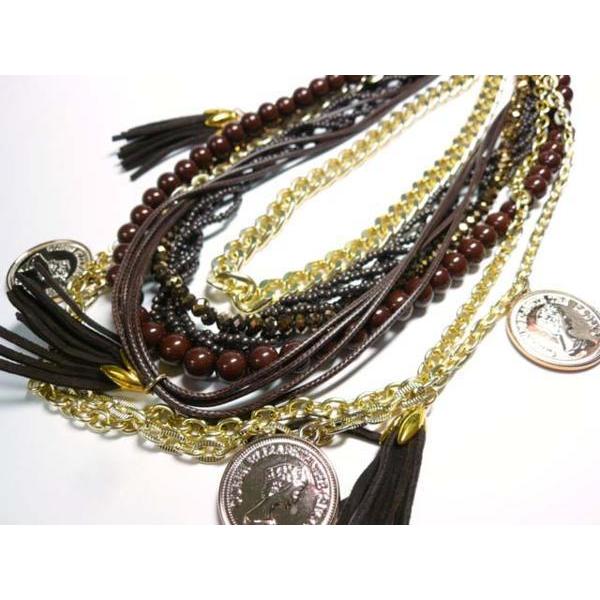 【ハンドメイドパーツ推奨】■２ｗａｙロングネックレス■タッセル コイン ブラウン 09-1010