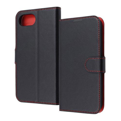 iPhone 16e用 手帳型レザーケース ブラック×レッド 耐衝撃 マグネットベルト シンプル L...