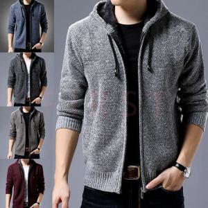 ニットパーカー メンズ 秋冬 トップス 長袖セーター ジップパーカー 配色ニットカーディガン 厚手 裏起毛 ショート丈ニットアウター スリム 通勤 ビジネス 5色