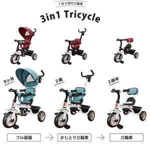 3in1 Tricycle 三輪車 手押し棒 かじきり 舵取り  サンシェード  子供 子供用 乗用 乗り物 手押し かじとり シンプル ノンキャラ JTC｜babyish