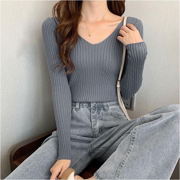 ニット 通販ニット Vネック 長袖 レディース セーター タイト スリム フィット プルオーバー 秋...