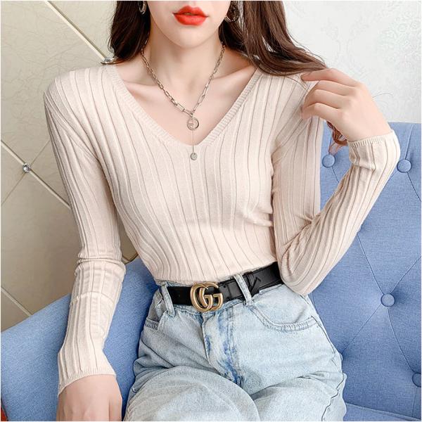 ニット 通販ニット 長袖 Vネック 通勤 レディース セーター タイト スリム フィット プルオーバ...