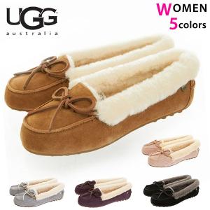 UGG モカシン レディース アグ ソラーナ スリッポン リボン 本革 羊革 シープスキン スエード ラバーアウトソール ボア 内ボア Mouton Fur ムートンファー｜backyard